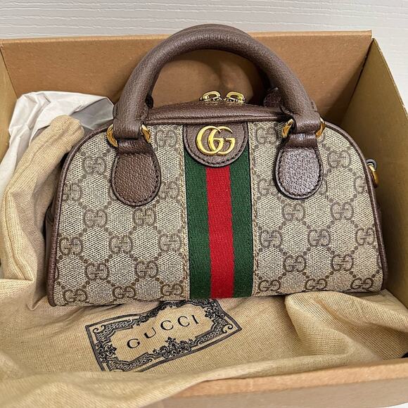 Gucci Ophidia GG Mini Top Handle Bag Dome Shape Crossbody Brown Gold New Rare - Picture 6 of 16
